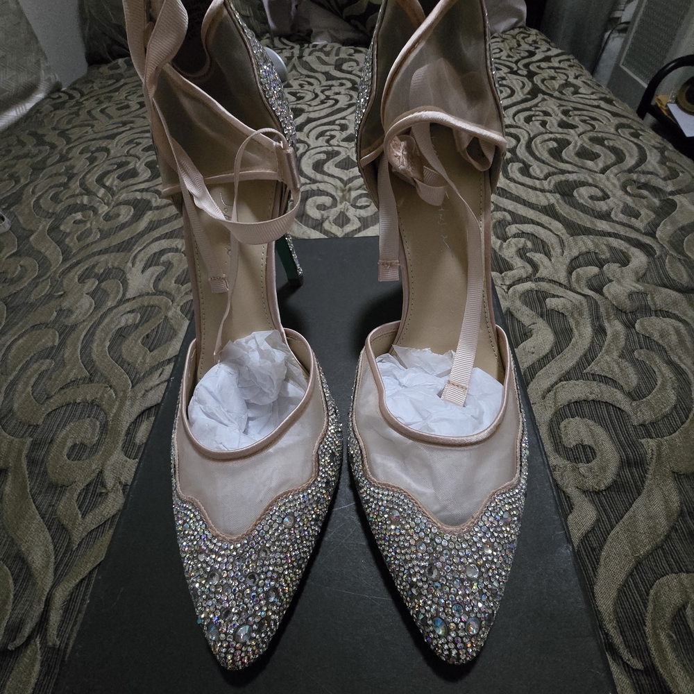 Betsey Johnson Blush Pink Rhinestone Pointed-Toe Ankle-Tie Heels